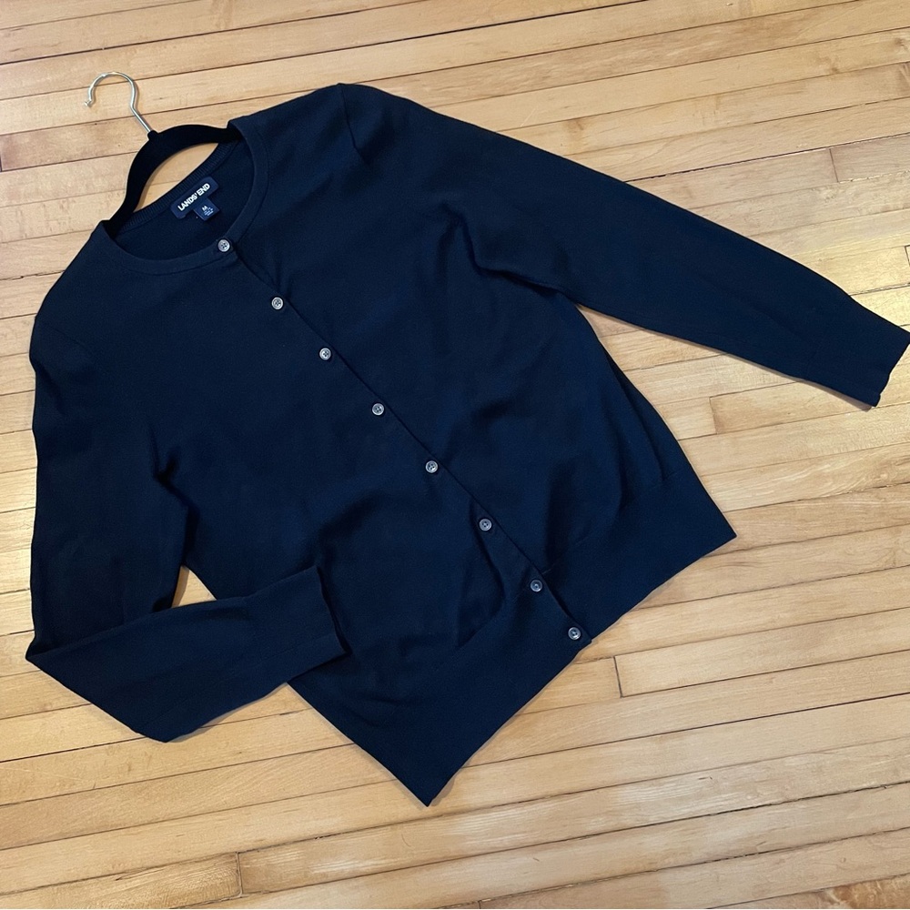 LANDS' END Button Up Front Cardigan Ribbon Placket Black Preppy Clean Girl